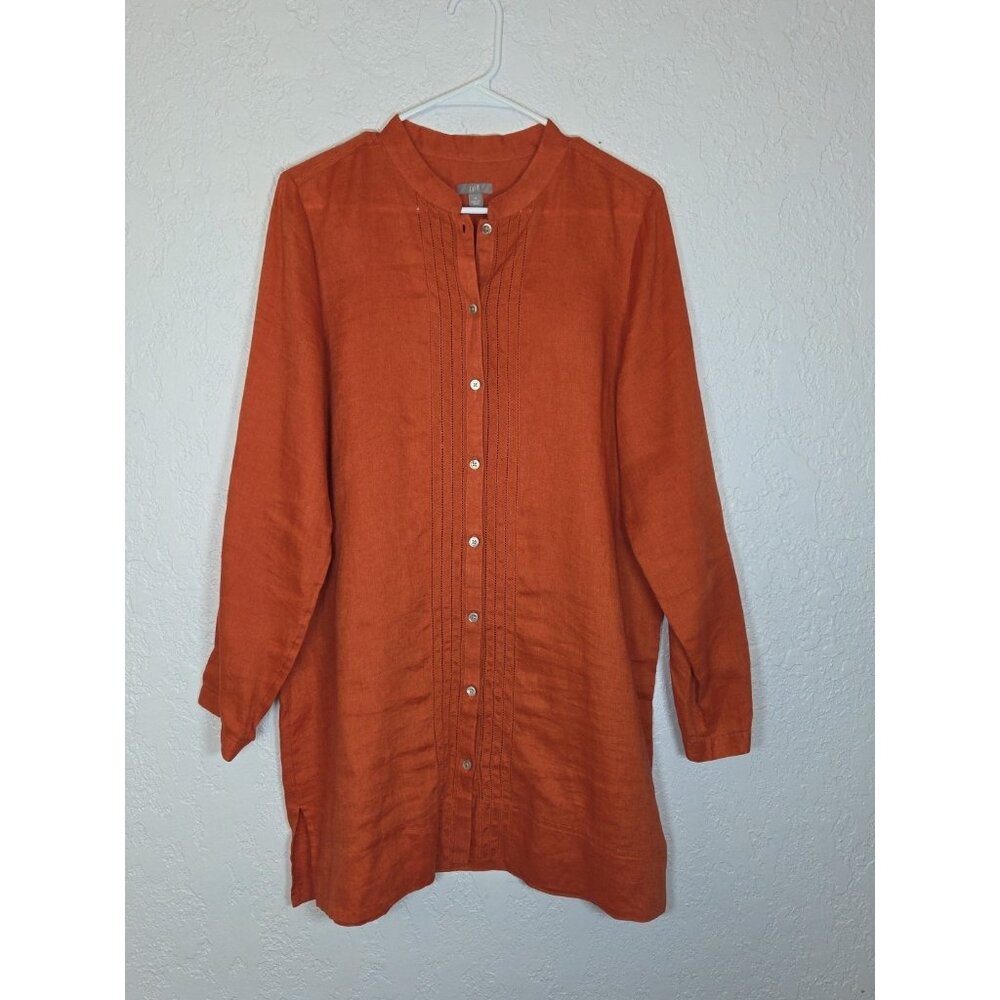 J.Jill Tunic Shirt Womens Medium Orange 100% Linen Lagenlook Resort Beach